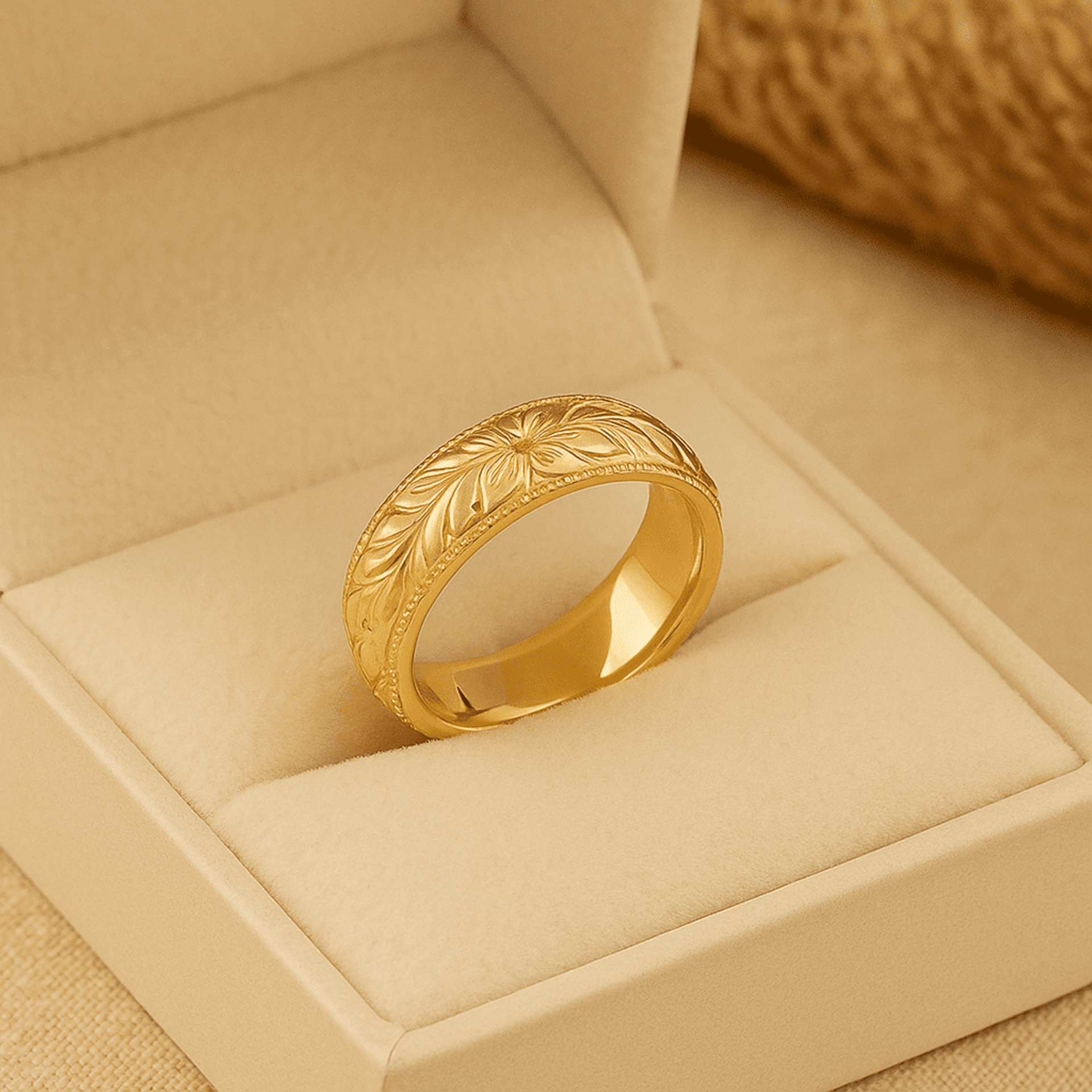 Anillo chapado en oro 14K con grabado floral - 2