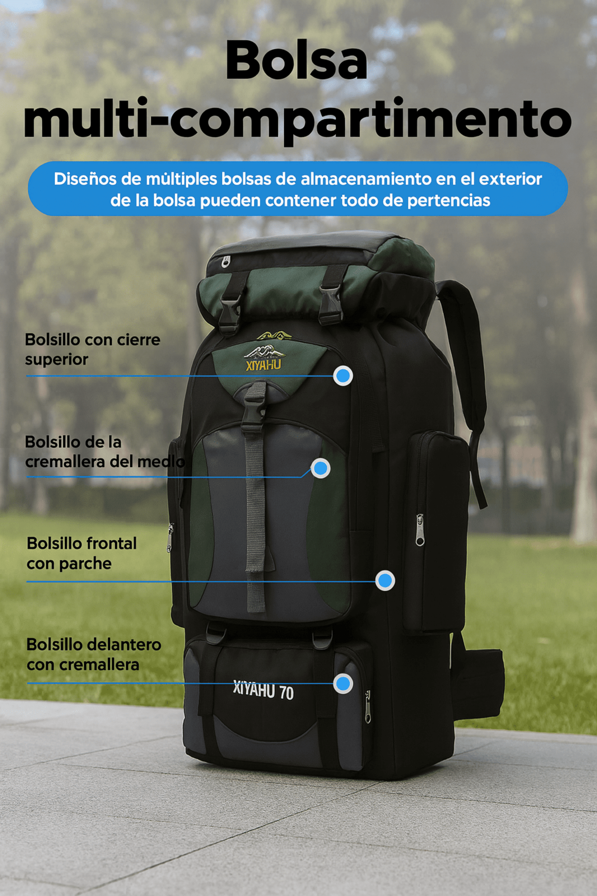 Mochila Negra de Alta Capacidad 70 L – Senderismo, Camping y Excursiones - 2
